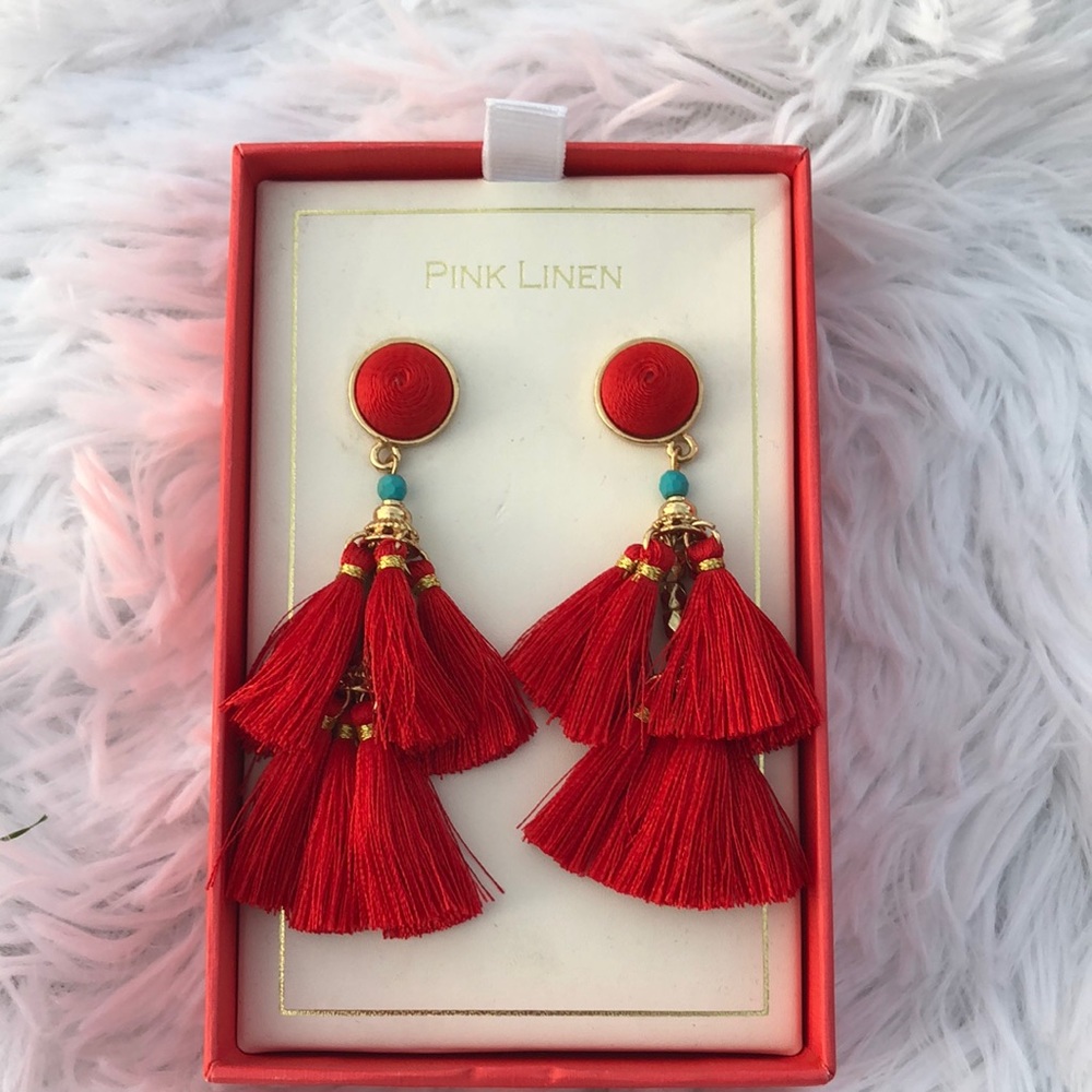 Red gold & turquoise tassel earrings
